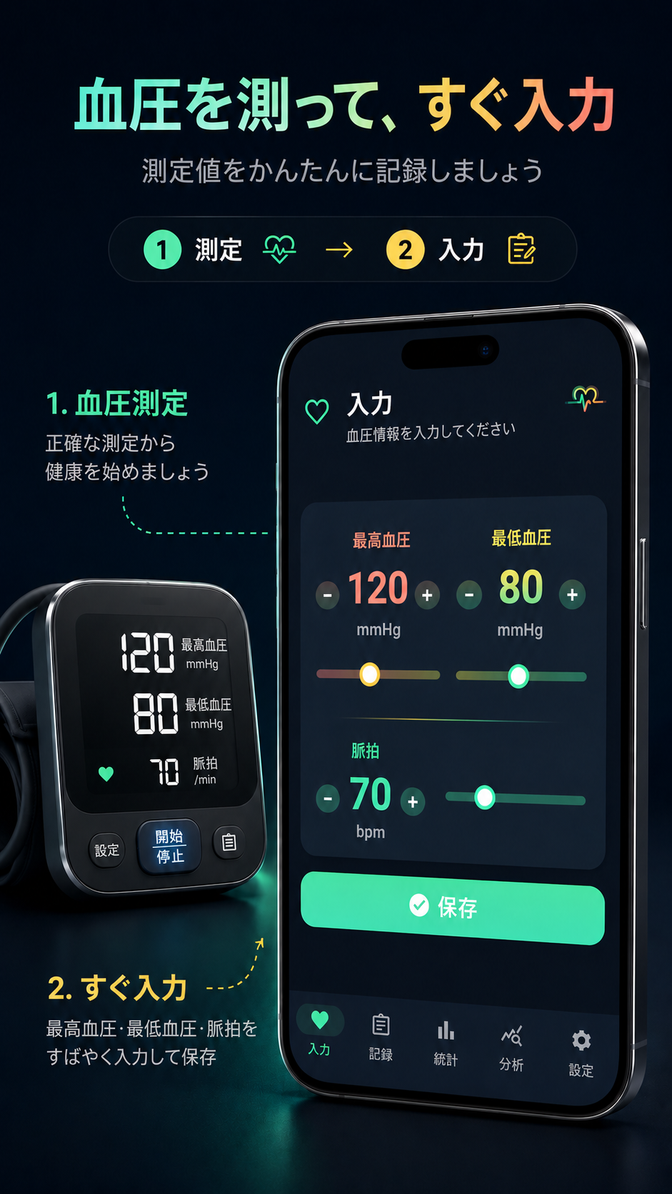 血圧と心拍数の入力を紹介する画像
